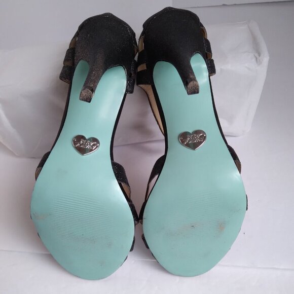 Black Suede Silver Glitter Peep Toe Cut Out Stiletto Heel TStrap Sandals Sz 9.5 - Picture 5 of 13